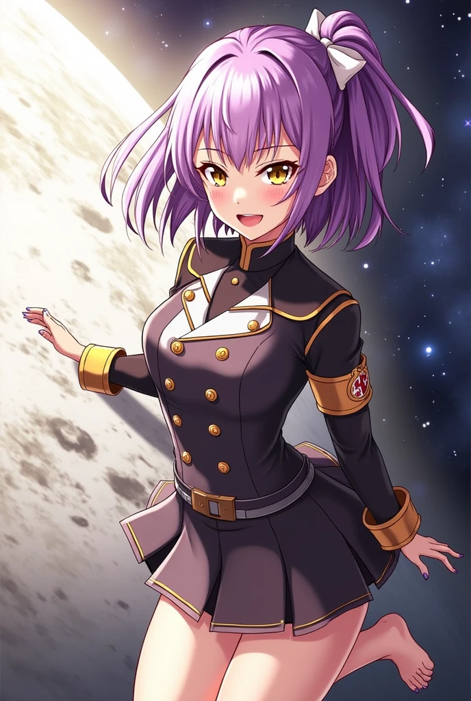 ((Work of art)))
a beautiful girl, medium length purple hair tied in a side ponytail, (((bright golden eyes))),((purple nails))), she wears a military uniform with a black skirt and an armband on her left arm, ( (on the moon with starry sky and the earth in space)), standing, barefoot, posing for me, (((perfect hands))), (((perfect fingers))), ultra quality, medium breasts, smile with eyes closed