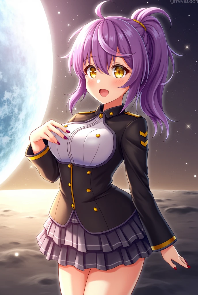 ((Work of art)))
a beautiful girl, medium length purple hair tied in a side ponytail, (((bright golden eyes))),((purple nails))), she wears a military uniform with a black skirt and an armband on her left arm, ( (on the moon with starry sky and the earth in space)), standing, barefoot, posing for me, (((perfect hands))), (((perfect fingers))), ultra quality, medium breasts, smile with eyes closed