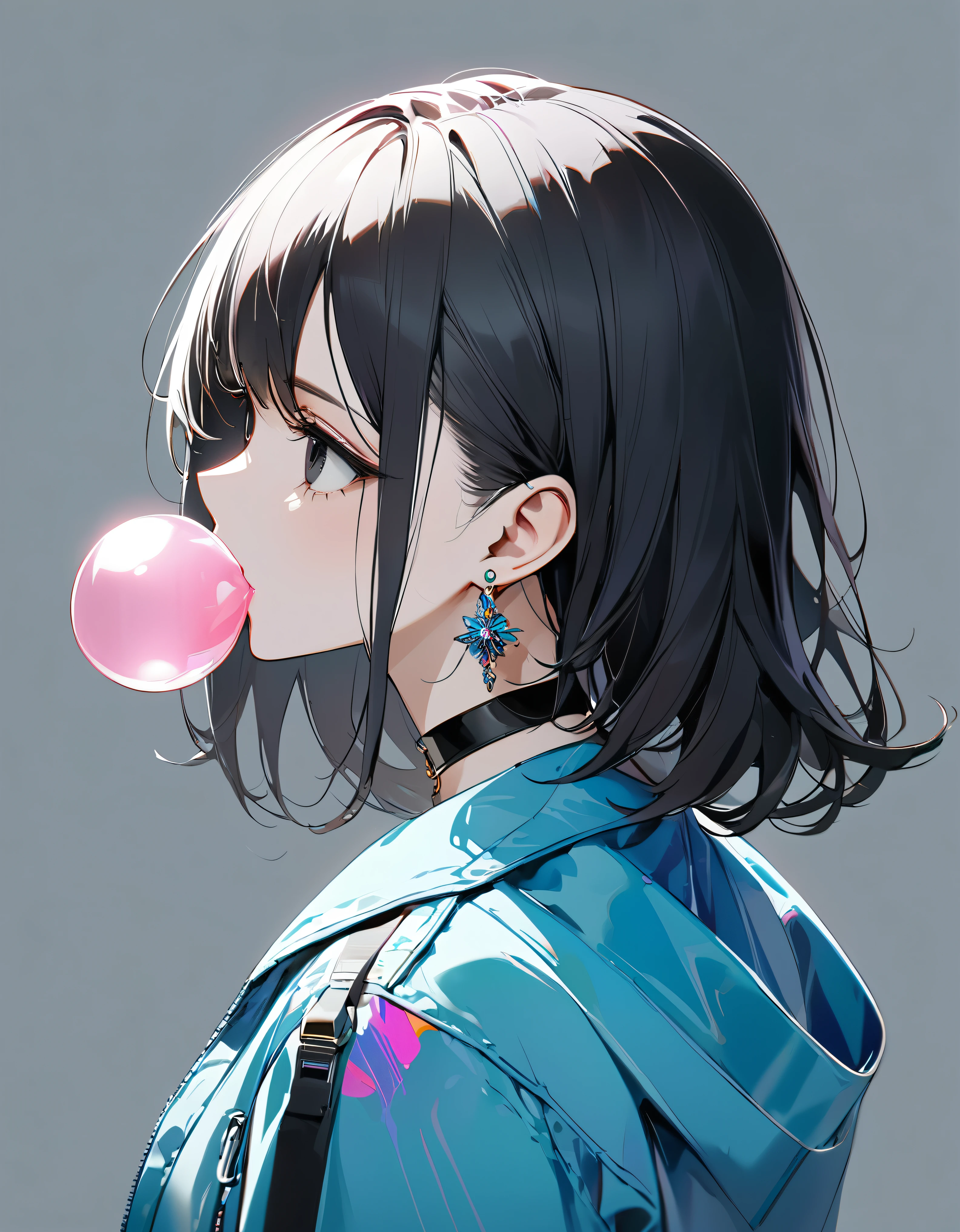 best quality, beautiful, half body, 8K, expressionless, blew bubble gum, looking back, looking up, black eyes, slim, jacket, earrings, choker, concept, colorfull, plain background