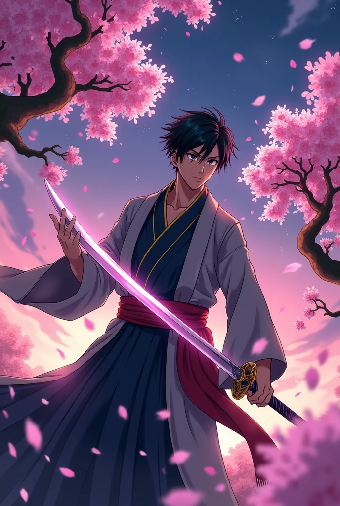 Male character from anime kimetsu no yaiba with full body nichirin sword 