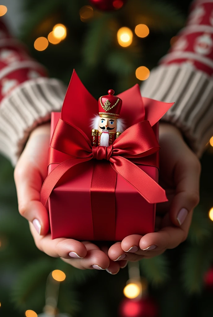 A Christmas gift box with a red ribbon and the lid open, being held by a pair of hands inside the box, has a nutcracker lying inside.