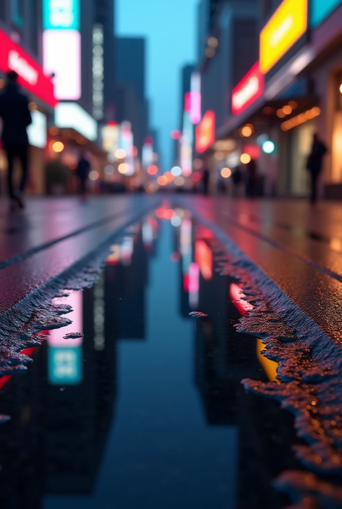 masterpiece,Highest quality,(Ultra-high definition CG Unity 8K wallpaper),(Highest quality),Physical Rendering,puddle,City view reflected on the water,Reflection of light,night,Busy Street,Passers-by々、Blur the foreground、