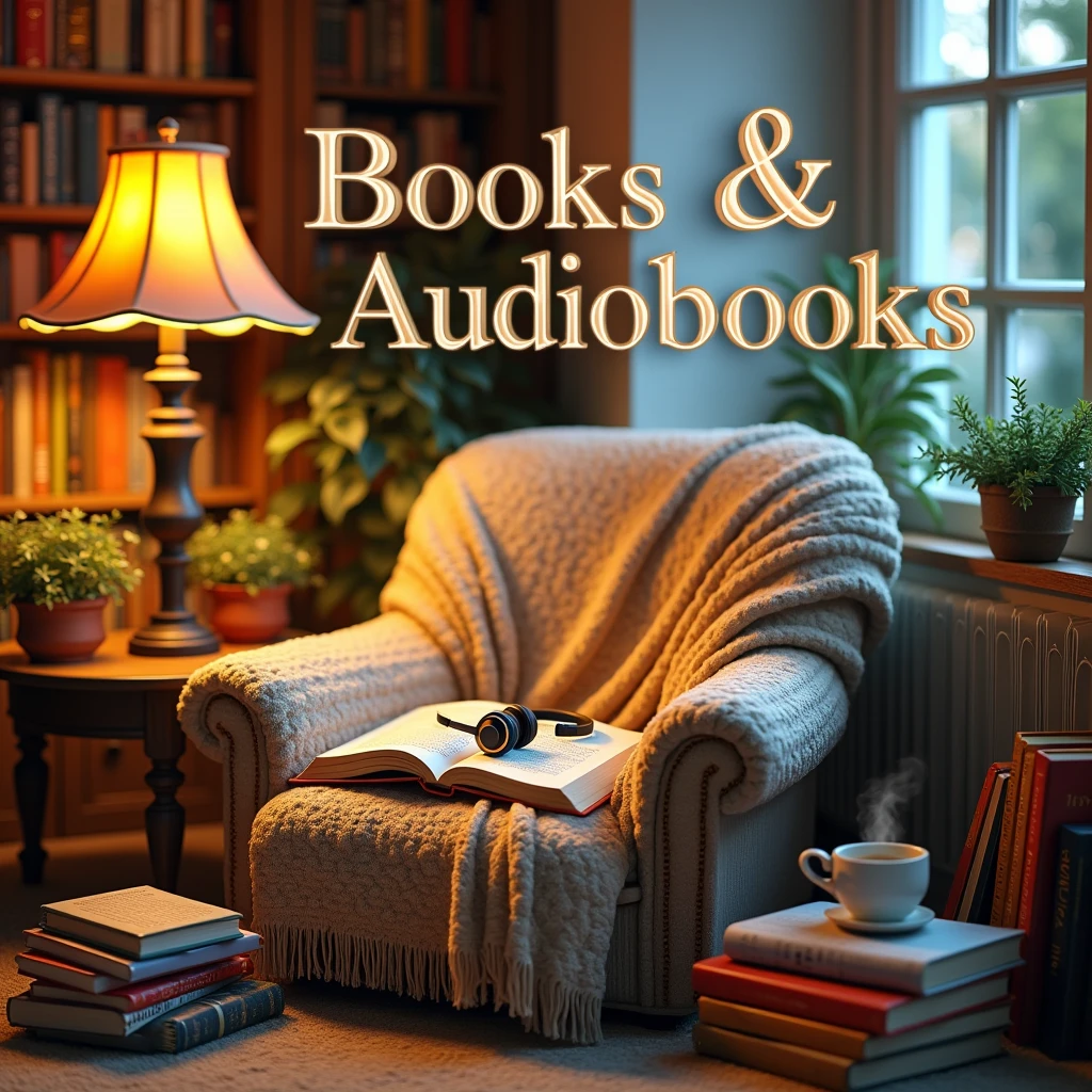 Create a visually appealing image that captures the essence of both traditional books and audiobooks. The background should feature a cozy reading nook with a comfortable chair, a stack of colorful books, and a pair of headphones resting on an open book. Incorporate warm lighting to evoke a sense of comfort and relaxation. The title "Books & Audiobooks" should be prominently displayed in an elegant, modern font at the top of the image, with a subtle overlay that complements the color scheme. Add small decorative elements like coffee cups, bookmarks, or plants to enhance the inviting atmosphere. Feel free to adjust any details to better fit your vision!