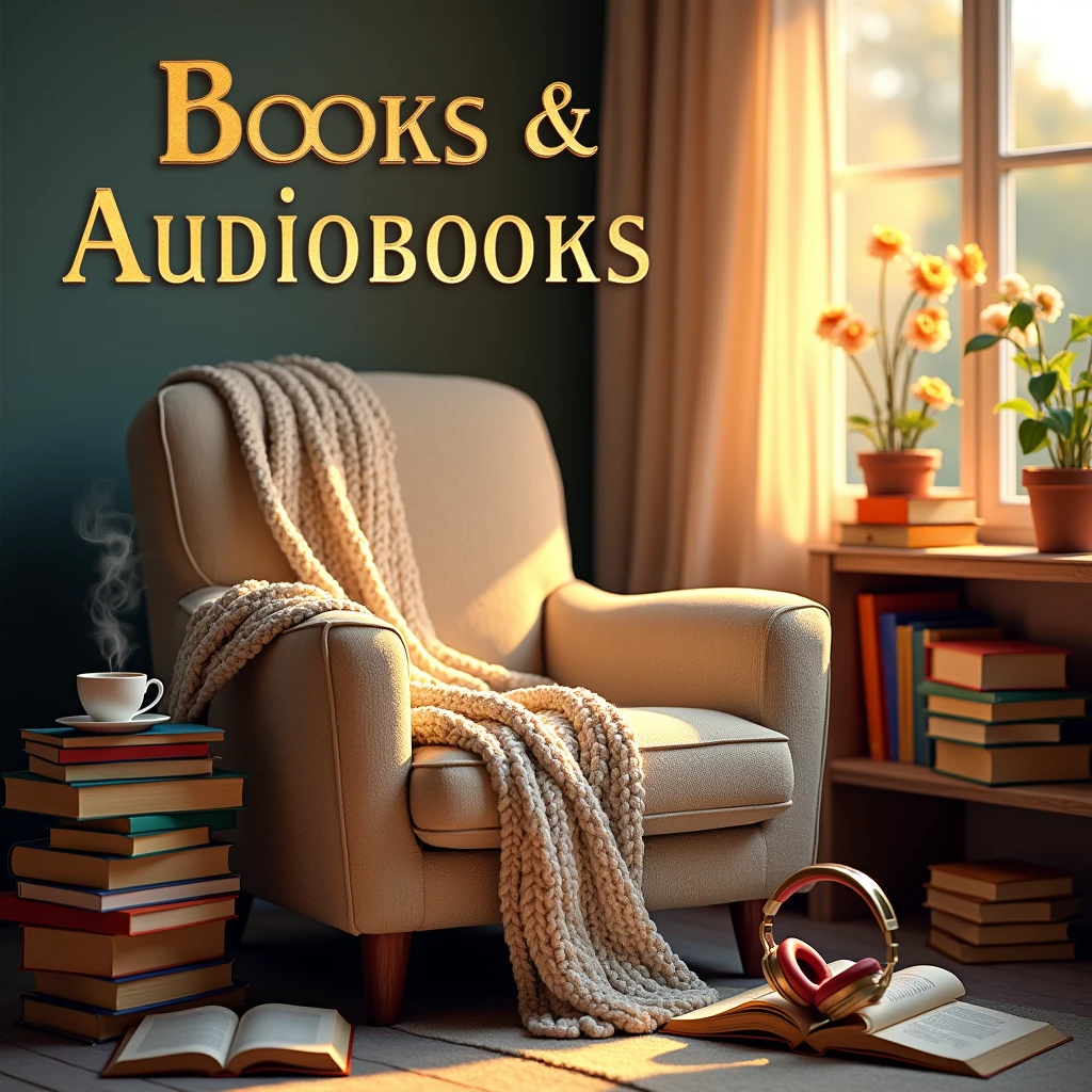 Create a visually appealing image that captures the essence of both traditional books and audiobooks. The background should feature a cozy reading nook with a comfortable chair, a stack of colorful books, and a pair of headphones resting on an open book. Incorporate warm lighting to evoke a sense of comfort and relaxation. The title "Books & Audiobooks" should be prominently displayed in an elegant, modern font at the top of the image, with a subtle overlay that complements the color scheme. Add small decorative elements like coffee cups, bookmarks, or plants to enhance the inviting atmosphere. Feel free to adjust any details to better fit your vision!