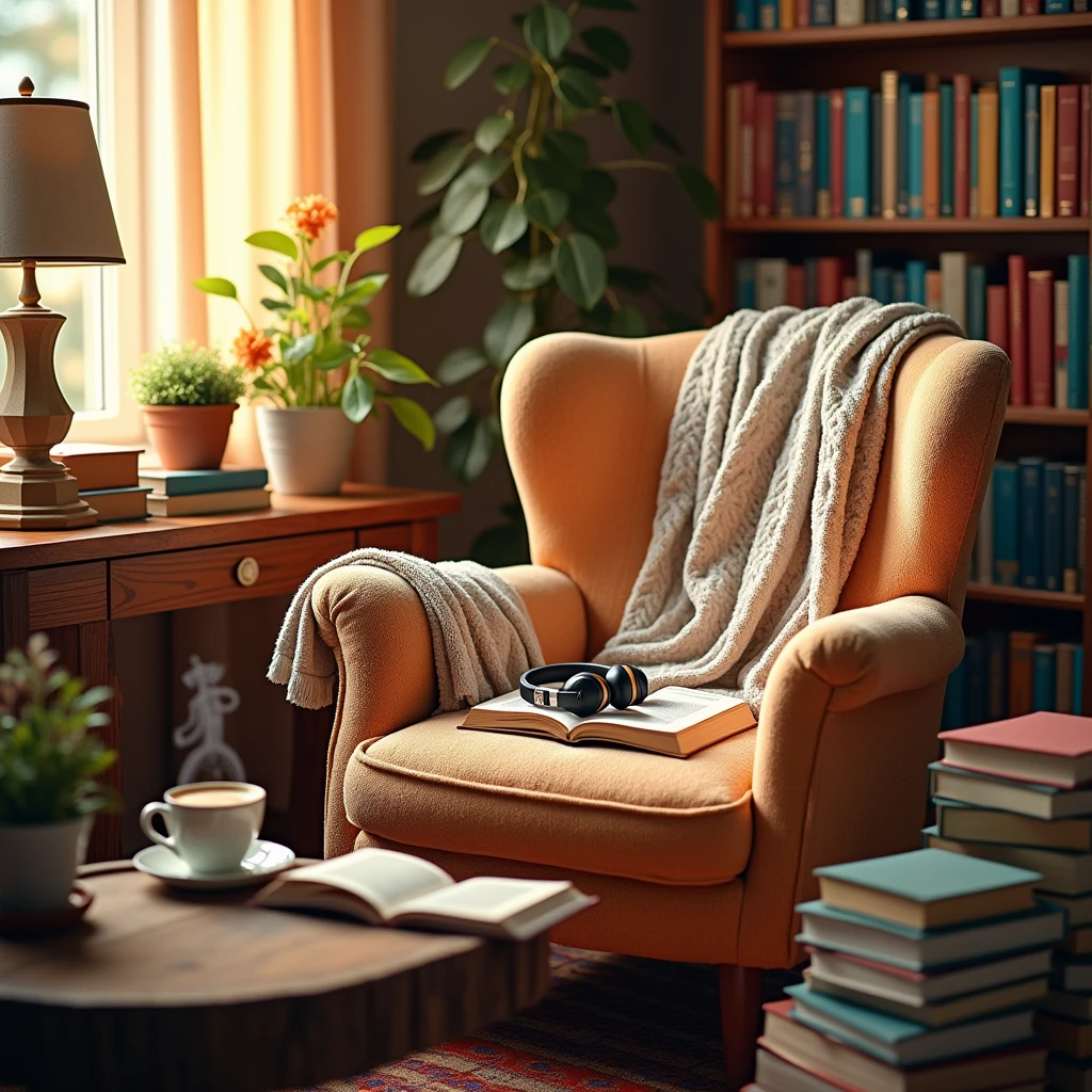 Create a visually appealing image that captures the essence of both traditional books and audiobooks. The background should feature a cozy reading nook with a comfortable chair, a stack of colorful books, and a pair of headphones resting on an open book. Incorporate warm lighting to evoke a sense of comfort and relaxation. The title "Books & Audiobooks" should be prominently displayed in an elegant, modern font at the top of the image, with a subtle overlay that complements the color scheme. Add small decorative elements like coffee cups, bookmarks, or plants to enhance the inviting atmosphere. Feel free to adjust any details to better fit your vision!