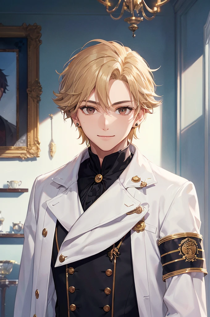 (((masterpiece; best quality: 1.2))), (detailed eyes: 1.3), ((ung man)), ((solo)), (brown eyes: 1.4), (body shape; lean, masculine, manly face: 1.3), (short blond hair: 1.3), (clear background: 1.2), ((depth of field)), (equipment: masculine noble garbhite overcoat + black shirt + jabot + justice scale armband + black stud earring: 1.3), (anime illustration: 1.2), (background composition; fantasy manor interior + furniture: 1.1), (handsome: 1.1), (shot composition; standing + centered on face + bust close-up: 1.5), (facial expression; calm + smile: 1.2)