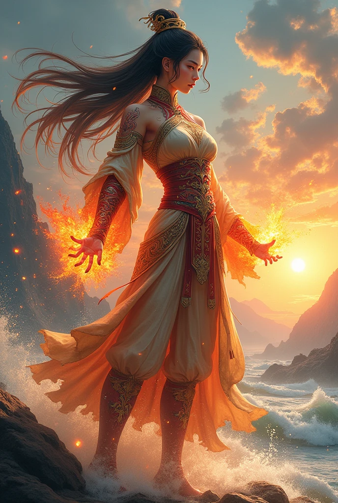 Make an illustration of a female Chinese fighter legend, who masters the 4 elements, namely fire, earth, water and wind.