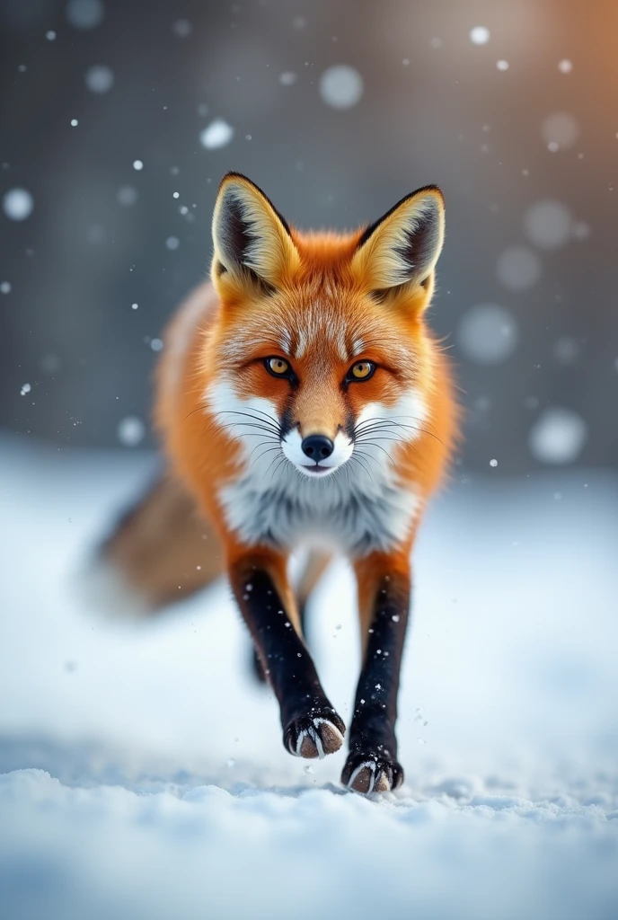 (Highest quality,4K,8k,High resolution,masterpiece:1.2),Very detailed,(Realistic,photoRealistic,photo-Realistic:1.37),High resolution,超High resolution,Studio Lighting,Ultra-fine painting,Sharp focus,Physically Based Rendering,The fox is running towards us.、、Real、、Dynamic、Very detailed説明,Professional,Vibrant colors,Bokeh、Has an enchanting cuteness。, Achieve 3D crunch effect and cinematic look. What makes them stand out、the background is covered with snow、