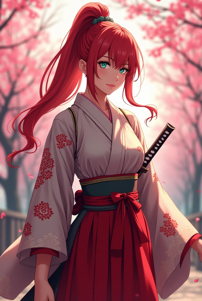 Anime, Japanese woman in a kimono, with teal eyes, red hair, long hair in a ponytail, grey hakama, crimson clothing, a katana on her left hip, large breasts, and a large rear end. Her chest is slightly exposed.