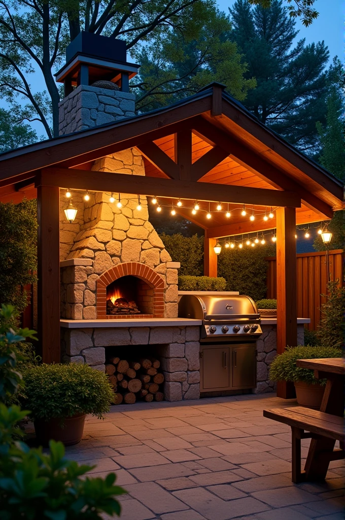 Create a wood-fired oven and grill in a rustic Star area that has a roof and lights