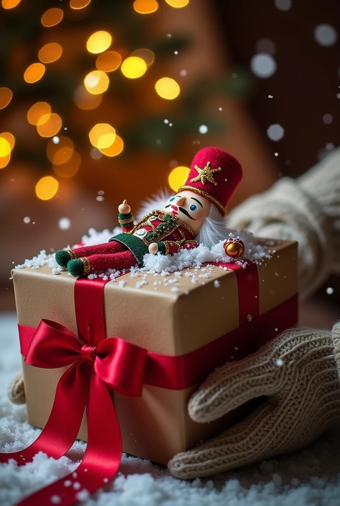 A Christmas gift box with a red ribbon and the lid open being held by a pair of hands inside the box has a nutcracker lying down