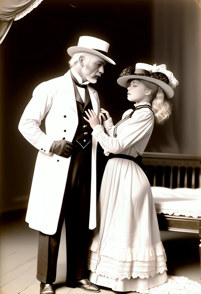 Year 1901. (((1man, 1girl:1.5))). A gorgeous thotty **** blonde Gibson Girl ((having sex:1.5)) with an aged horny 69yo white-haired gentleman. 1900_dress. (((NSFW.))) Man one head taller than girl. Girl wearing high-collar long sleeve dress, wide-brimmed hat