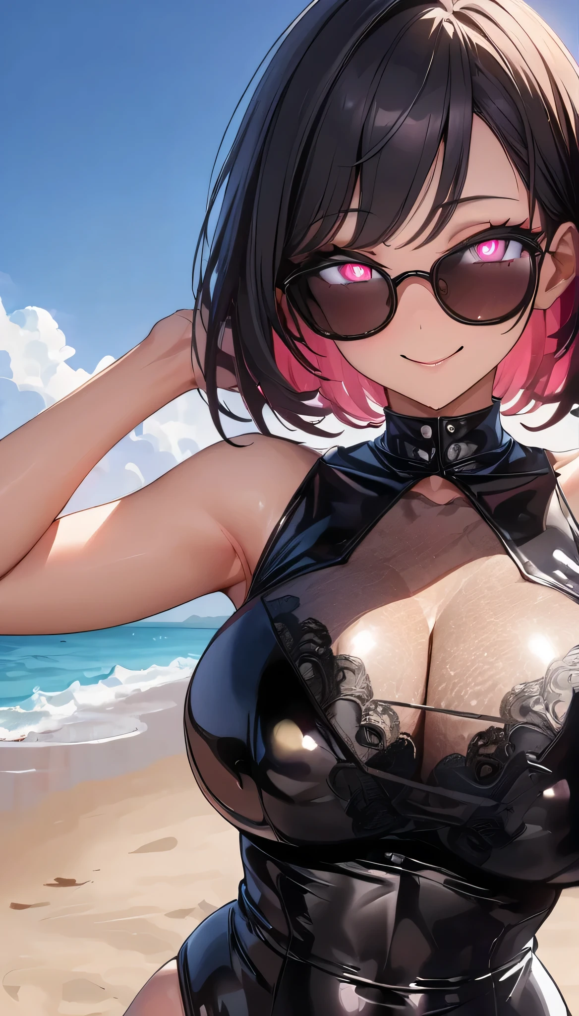 masterpiece, best quality, 1girl,black drill short hair,glowing eyes,sun glasses, (finely detailed empty pupils and detailed face),,bust shot,,extremely detailed picture unity 8k wallpaper,solo,(latex military costume:1.2),glamour body,seductive smile,,,large breasts,black hair,pink eyes,black switsuits,,black lace shirts,enamel suits,glamour,beach,full body,
