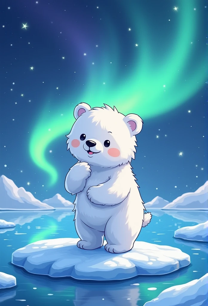 320x320 pixels，masterpiece，White bear in a manga，Standing pose，Standing on the ice、Line Works，cute、Chibi Style、Aurora Borealis in the background、beautiful、Shining Star