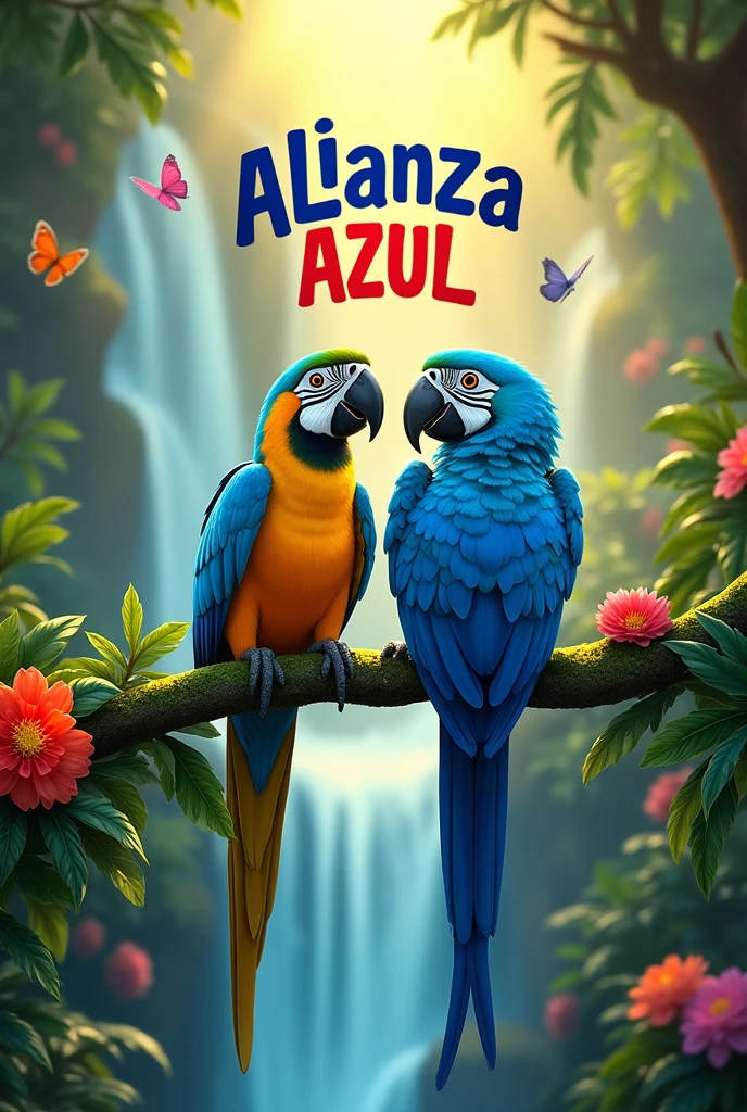 the original Blue and perla from “Rio” Movie with the frace “ALIANZA AZUL”