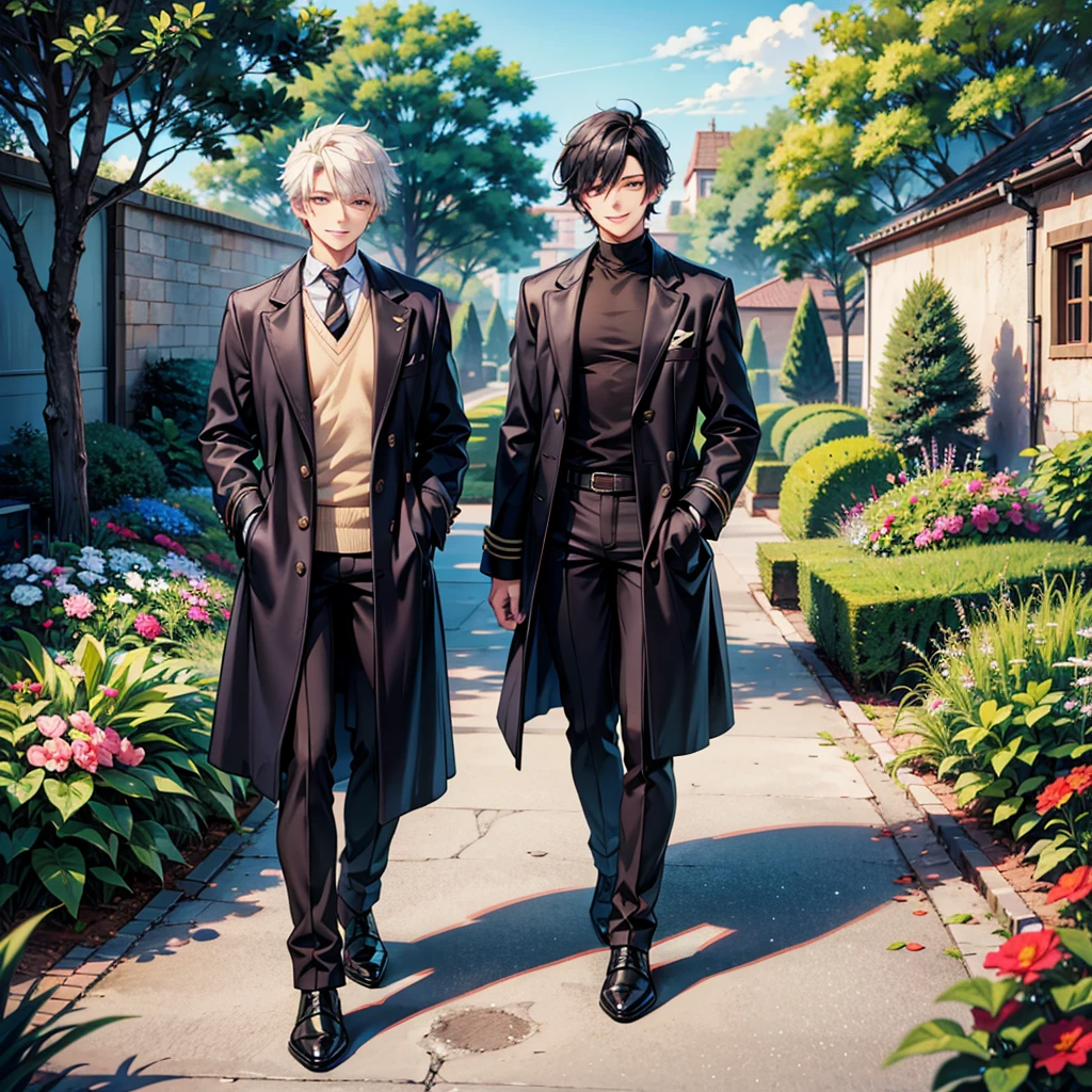 Anime art style,Highest quality,High resolution,Anatomically correct,One Man,Twenty generations,good looking,Spiky hair,Black Hair,A rich expression,smile,Black long coat,Casual innerwear,Outdoor,garden,Eyes drawn in detail,8k