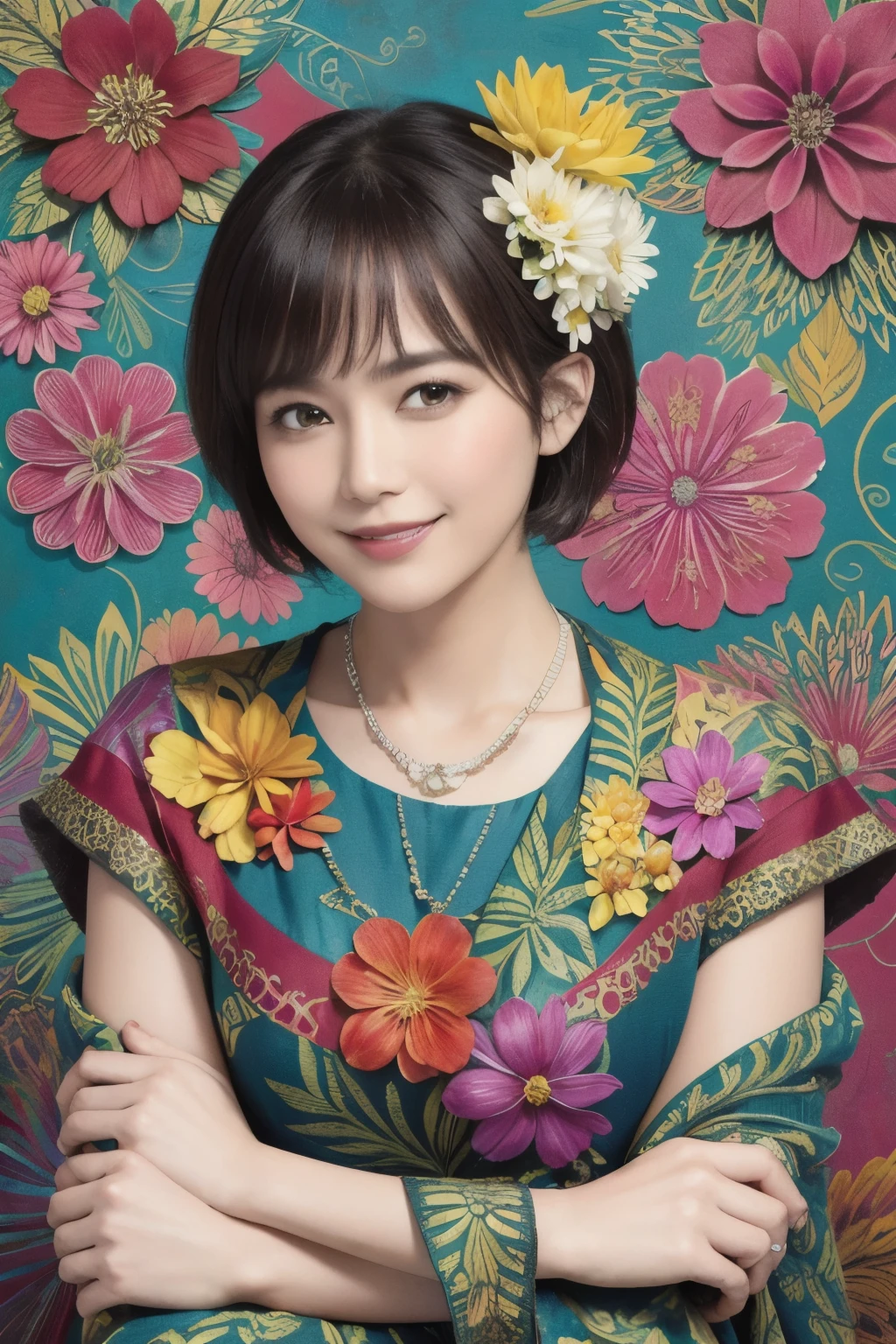 272 (20-year-old woman,short hair), (masterpiece, Highest quality, beautiful:1.2), Very detailed, (Fractal Art:1.1), (colorful:1.1), (flower:1.3), whole body, (Abstract background:1.3), (Many colors:1.4), (Old-fashioned smile), (Hawaii)