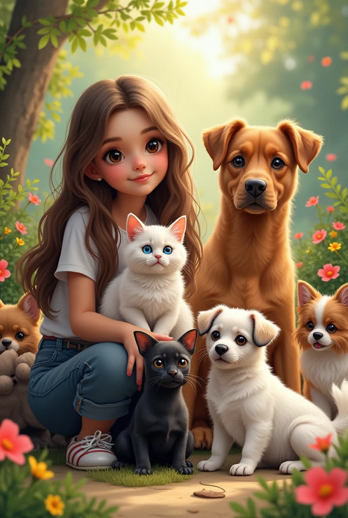 Wallpaper with brown eyes, long brown hair, holding a Ragdoll cat with blue eyes and a white cat with yellow eyes.
Light hair, blue eyes.
Two black Miniature Pinschers.
Large brown dog.
Medium caramel dog.
Black and white Lhasa Apso dog.
Medium white dog.