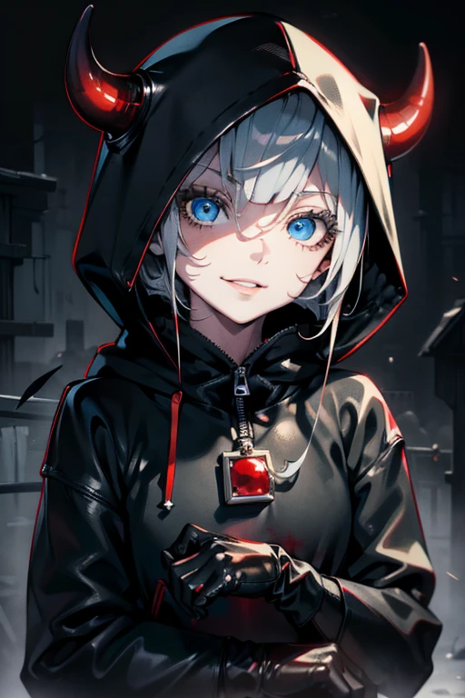 Blood droplets、girl wearing hoodie、Wearing black leather gloves、(Wearing a hood:1.2)、Silver-haired short bob、Angelic uncomfortable smile、Devil's Claw、Mass killings、Killer、Slasher、Psychopaths、extra detailed face、Super detailed illustration、Raw photography、Deviantart Trends。
