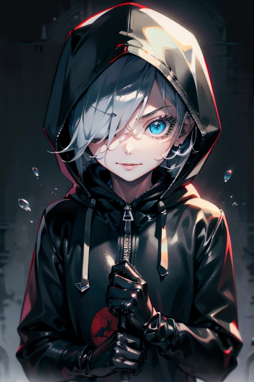 Blood droplets、girl wearing hoodie、Wearing black leather gloves、(Wearing a hood:1.2)、Silver-haired short bob、Angelic uncomfortable smile、Devil's Claw、Mass killings、Killer、Slasher、Psychopaths、extra detailed face、Super detailed illustration、Raw photography、Deviantart Trends。