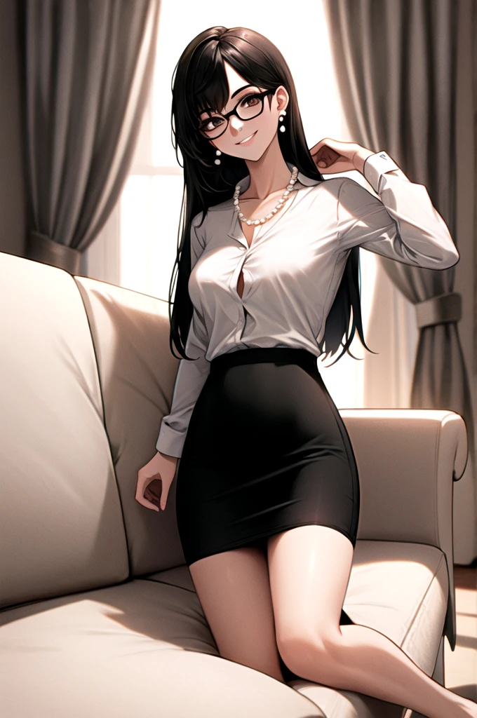 （（super high quality,Ultra-high resolution,4K,8k,super masterpiece,Ultra HD ,Detailed shading））,Top-down angle,Looking at the camera,The living room bathed in morning sunlight,Full body photo,A seductive mother,popped collar White shirts,Tight collar,Long sleeve,Show the hem,BLACK Pencil Mini Skirt,sexly,Straight black long hair,Glasses,smile,Pearl Earrings,Pearl Necklace,Engagement Rings,slouch,Put your hands on your head,