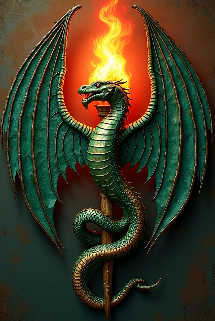 A coat of arms of a snake with wings in front of a simpler flaming torch in medieval model