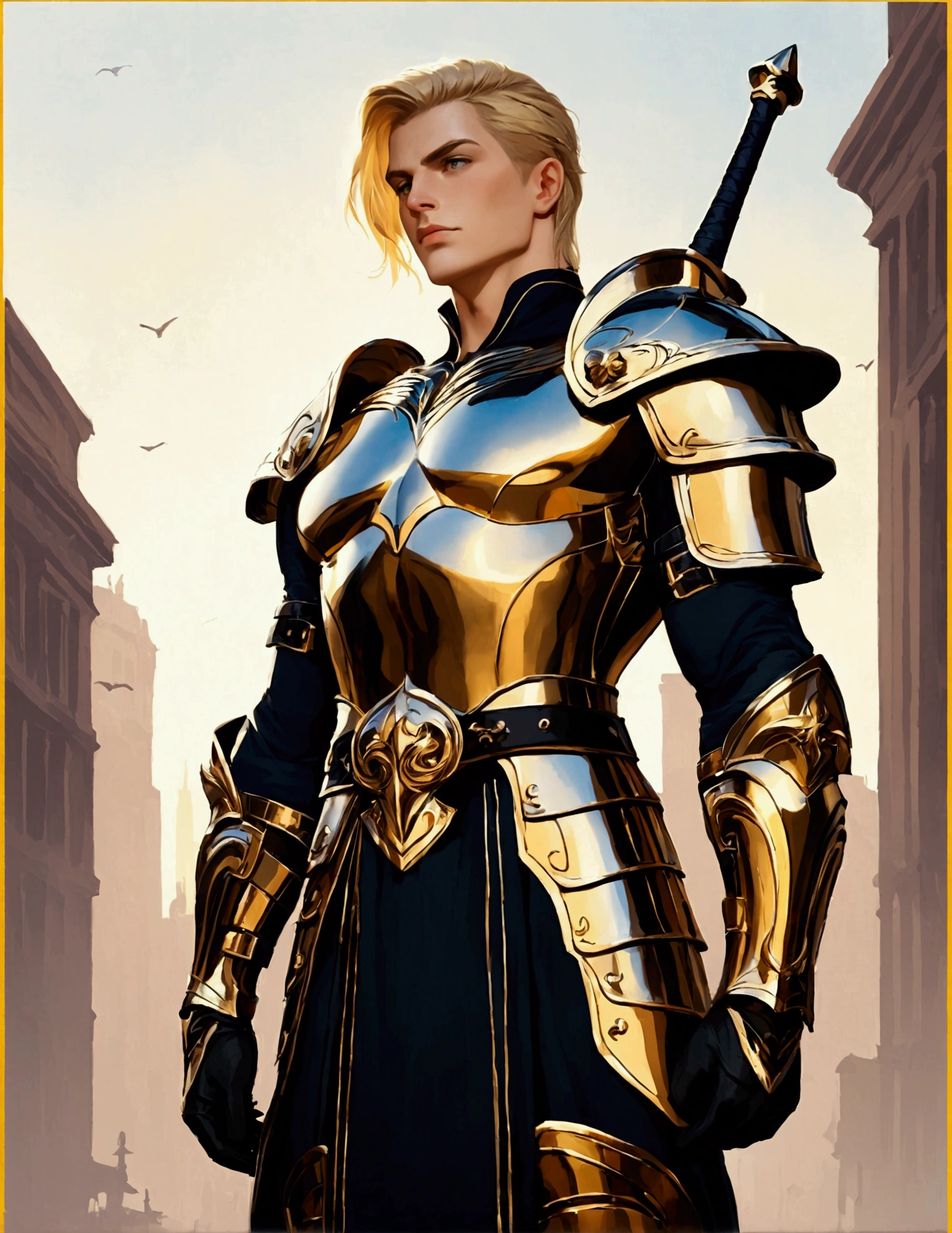 Image is a high-quality, stylized photograph featuring a muscular man standing in the middle of a city street. He is dressed in a shiny, gold-colored armor that covers his shoulders, chest, and legs, with intricate designs. He holds a sword in his right hand. The man has short, blonde hair and a serious facial expression. His skin is fair, and his physique is highly defined. The background shows a cityscape with buildings, trees, and a clear sky, suggesting a sunny day. The image has a yellow border, adding a distinct frame to the photograph. A logo is emblazoned on the armor's chest plate, featuring a stylized cross and the letters 'IG' in a gothic font. The text "Artvision1999" is written in a smaller, italicized font, surrounding the image in a circular or oval shape, blending seamlessly with the yellow border.