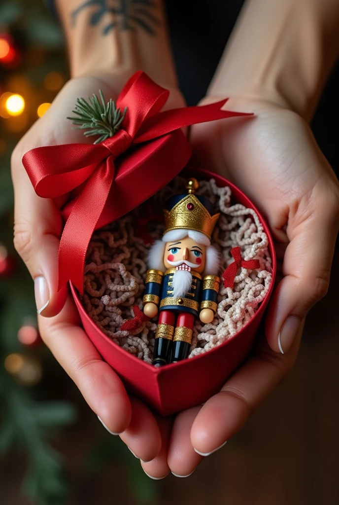 A gift box with a red ribbon and the lid open being held by a pair of hands inside the box has a nutcracker lying down.