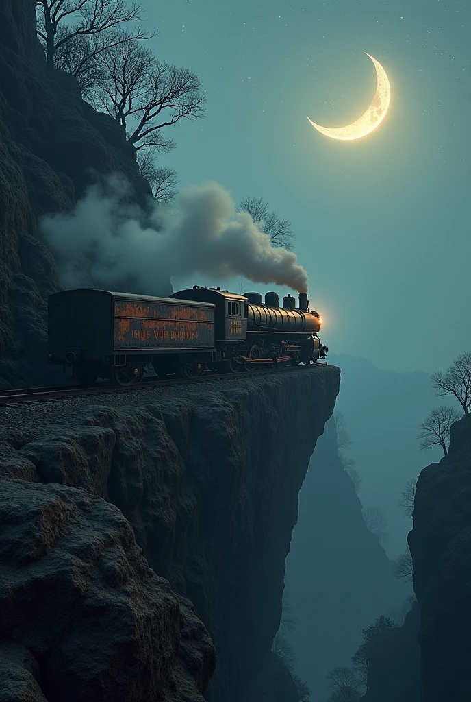old train going towards a cliff better quality with night details