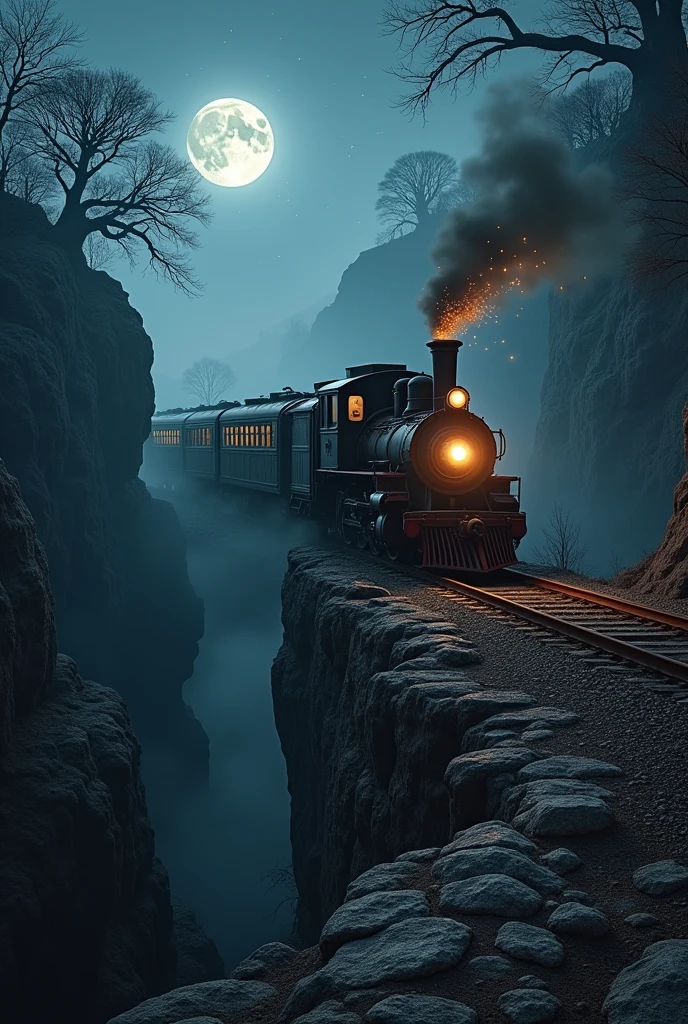 old train going towards a cliff better quality with night details