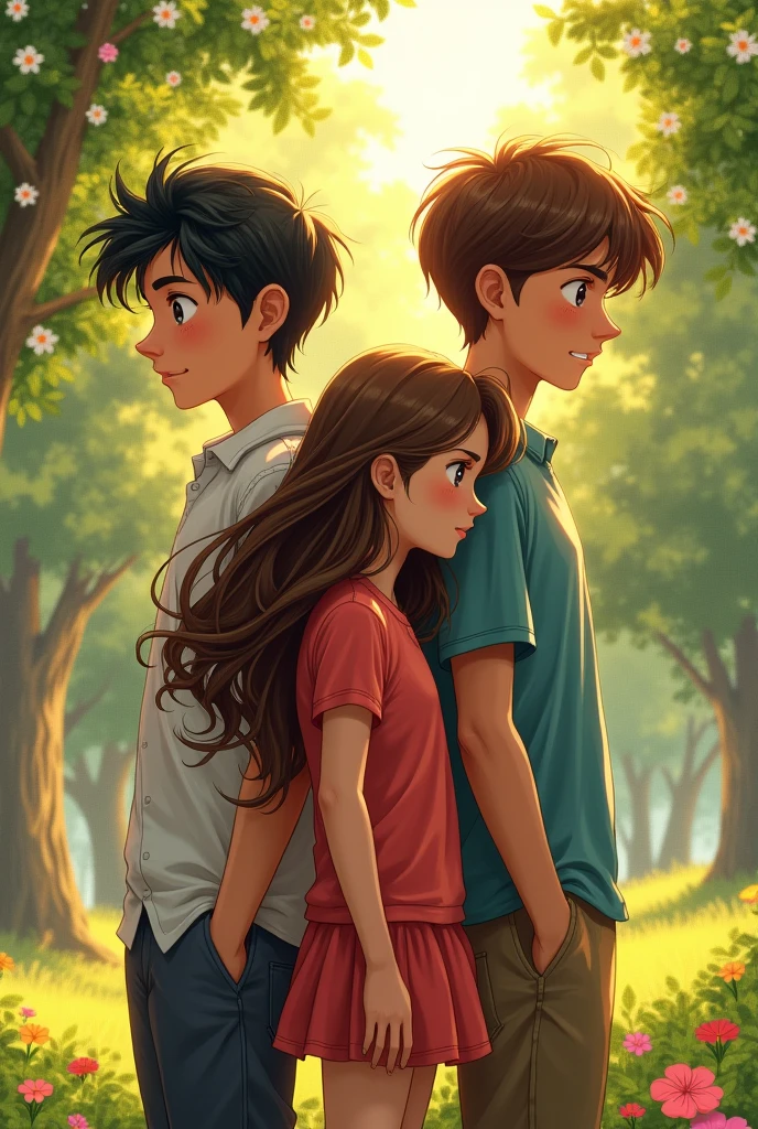 "Generate an image that illustrates a love triangle. The image must show a girl with brown hair, of 1.65 m high, and two boys: one with black and a little long hair, of 1.87 m high, and another with brown hair and a little long, of 1.85 m high. All three must be back to back, and the background should be attractive and nice to look real"