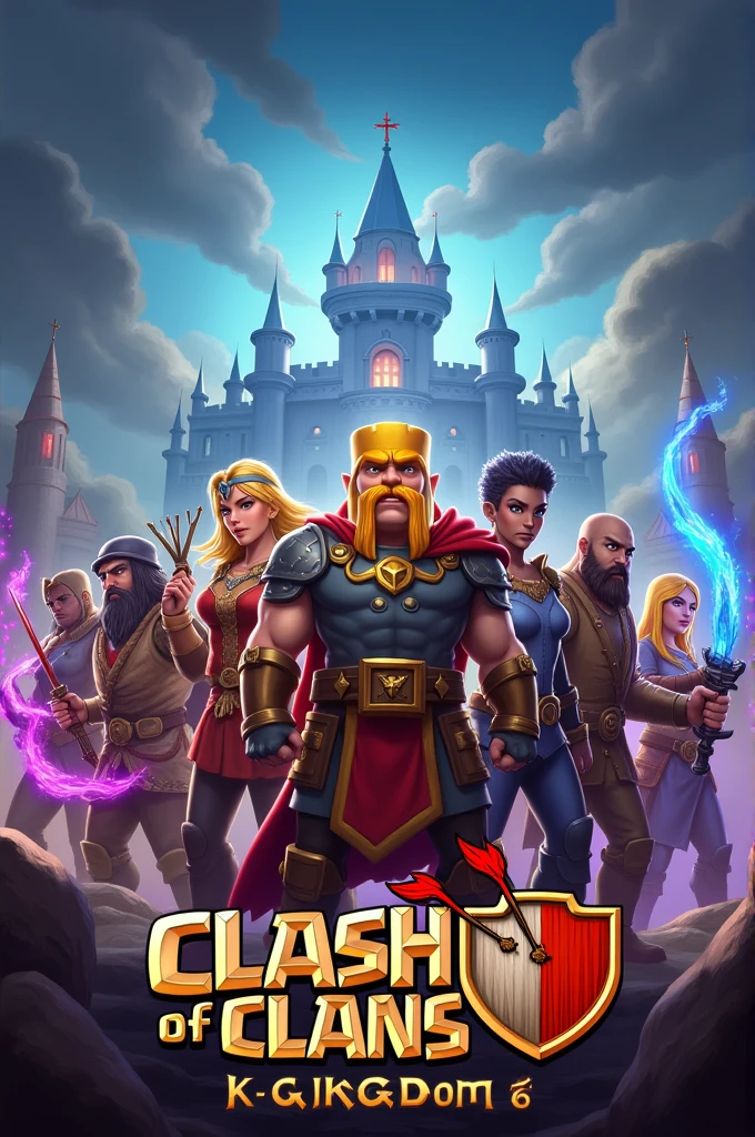 guerreiros,archers, magical part of the image , in the background a castle , a Clash of Clans logo and in the central part of the image written : Alliance of the 6 kingdoms