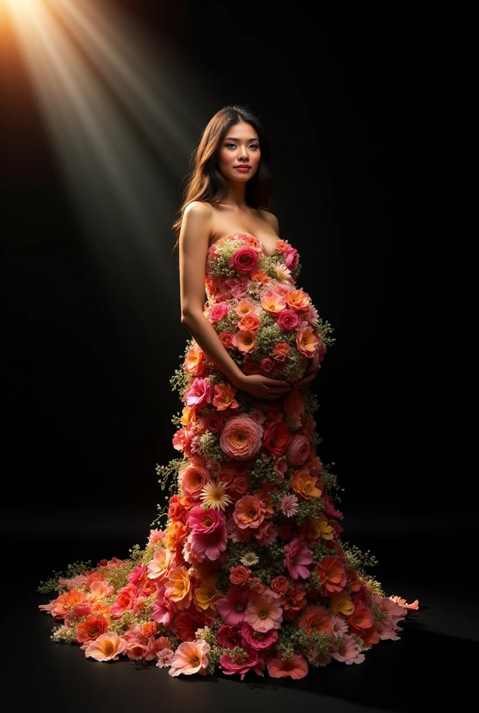 A gown made with all kinds of flowers pregnant woman , black background, son rays left side frunt pose looking in camera