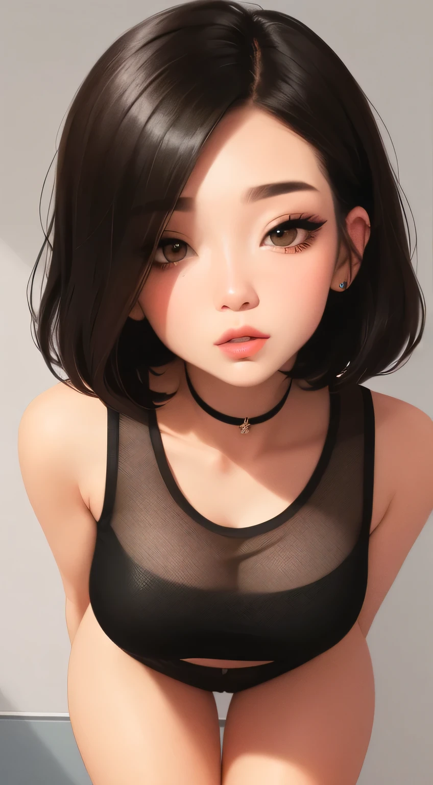 Close up shot of a sultry, stunning woman with a captivating gaze and flawless makeup, childhood best friend glowing up, accentuated by her black tank top and black short shorts, showcasing her alluring figure with thick thighs and wide hips, exuding a provocative aura.