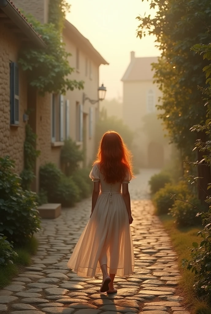 a girl , redheadwear, sheer voile dress , come forward,  in the direction of the observer, through the streets of a village in Provence. Very foggy at dawn. Apply Heavy Fog filter. haze. retro photography, David Hamilton Style. Analog photography. grainy. nymph