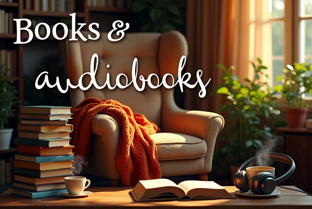 Create a visually appealing image that captures the essence of both traditional books and audiobooks. The background should feature a cozy reading nook with a comfortable chair, a stack of colorful books, and a pair of headphones resting on an open book. Incorporate warm lighting to evoke a sense of comfort and relaxation. The title "Books & Audiobooks" should be prominently displayed in an elegant, modern font at the top of the image, with a subtle overlay that complements the color scheme. Add small decorative elements like coffee cups, bookmarks, or plants to enhance the inviting atmosphere. Feel free to adjust any details to better fit your vision!