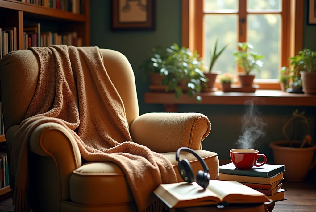 Create a visually appealing image that captures the essence of both traditional books and audiobooks. The background should feature a cozy reading nook with a comfortable chair, a stack of colorful books, and a pair of headphones resting on an open book. Incorporate warm lighting to evoke a sense of comfort and relaxation. The title "Books & Audiobooks" should be prominently displayed in an elegant, modern font at the top of the image, with a subtle overlay that complements the color scheme. Add small decorative elements like coffee cups, bookmarks, or plants to enhance the inviting atmosphere. Feel free to adjust any details to better fit your vision!