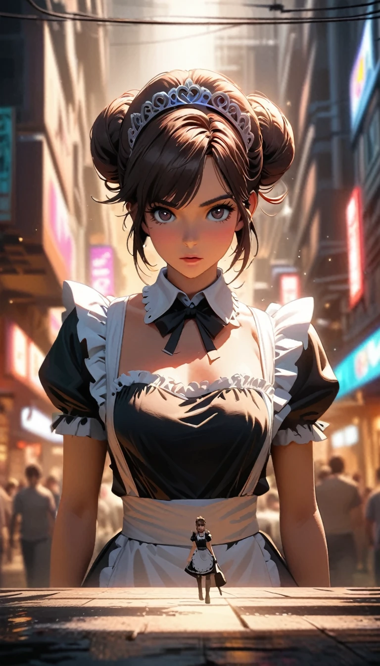 Comic city hunter style,25 year old beautiful maid,maid outfit,Maid tiara,bun hair,full body portrait,colorful,Japanese cartoonist Tsukasa Hojo's style,depth of field,OC renderer,Movie lighting,Super fine,Super detailed,complex,cinematic perspective,CG art,a beautiful woman Big breasts and big ass (bewitching thighs very erotic full body)(thick tighs:1.0)(large breast:1.2)