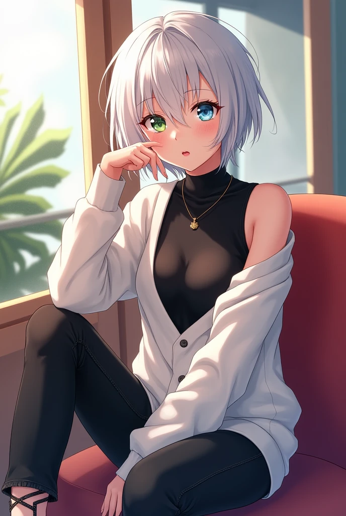 anime style, young adult woman, with the right eye blue and the left eye green, short white hair.
She is wearing a visible black turtleneck blouse and a white V-neck sweater..
She is wearing black jeans decorated with straps and white boots..
sitting cross-legged