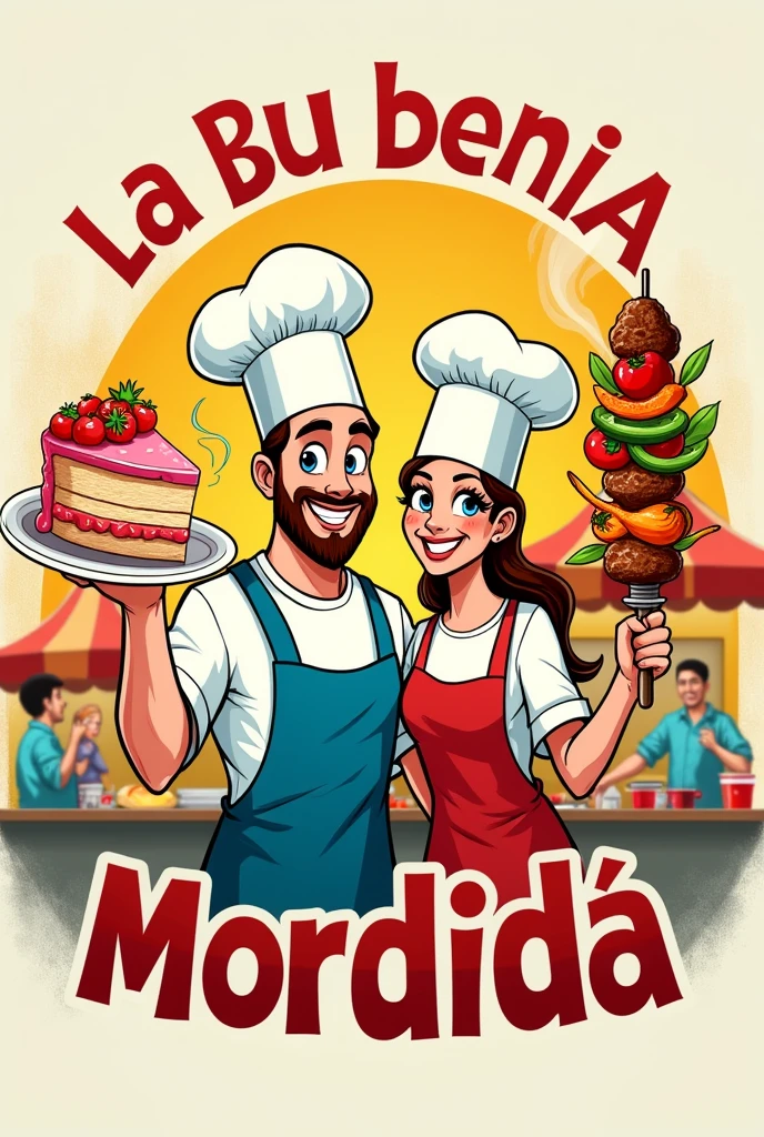 Logo for a couple of cake and brochette chefs for a fast food restaurant with the name La Buena Mordida