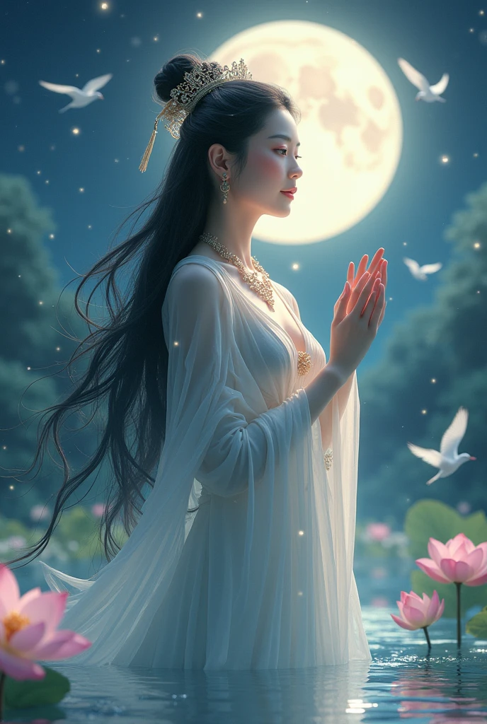 (masterpiece,Highest quality,,8k,High resolution),One female,,Beautiful Face,Beautiful Face,Beautiful eyes,Beautiful lips,Compassionate Mother Kannon,Black Hair,look back,,Wave,,Standing on the surface of the water,,flower,bird,,moon,,A bright night with stars visible,jewelry,Holding,Long sleeve,Veil,necklace,Lotus,Long Hair,dress,(whole body),Highly detailed CG,