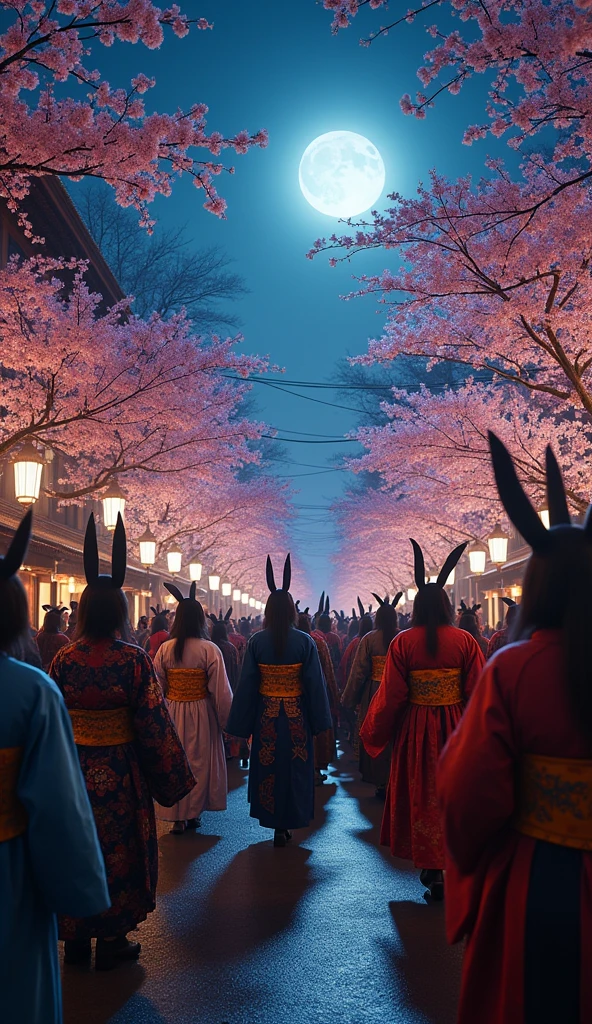 Generate an image depicting the Night Parade of One Hundred Demons (Hyakki Yagyō). Show a grand procession of various Japanese yōkai in vibrant traditional attire, marching through a mystical, moonlit street. The atmosphere should be both eerie and festive, with vivid colors highlighting the details of each yōkai’s unique appearance.Cinematic lighting、Ultra-realistic video、4K、8k