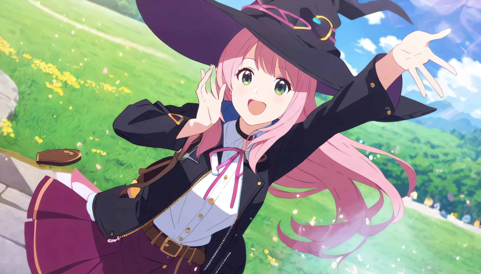 Woman,smile,happy,Witch,female,beauty,Pink hair(long hair),dark green eyes,leather jacket,belt,school outfit(white),Magenta Ribbon,witch hat,magenta skirt,fantasy,anime style,konosuba style