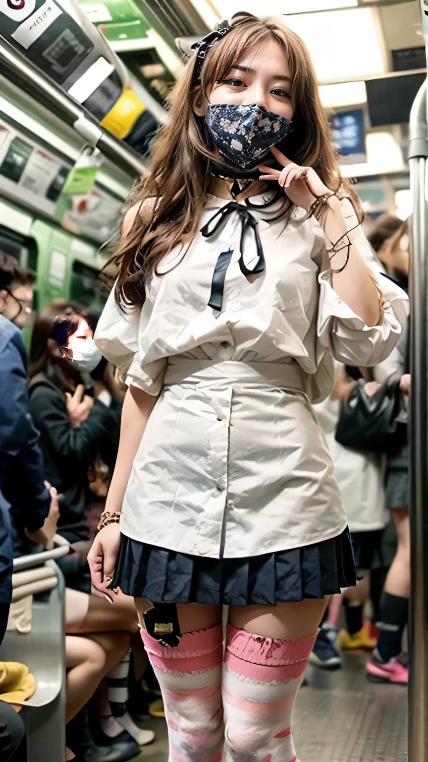 (Woman standing on the Yamanote Line:1.5)、(Realistic、Like a photograph、Live Action、8k, Realistic, RAW Photos, Best image quality: 1.4), Single-lens reflex camera、RAW Photos, Highest quality, Realistic, Highly detailed CG Unity 8k wallpaper, Written boundary depth, Cinematic Light, Lens flare, Ray Tracing, Realistic background、((ultra high density skin))、 23-year-old woman、Cute Japan OL、(whole body:1.5)、(White blouse、Black pleated skirt:1.5、Over the knee socks:1.44)、Wearing glasses)、Very detailedな顔，(avert your eyes:1.5)、(Long Hair:1.2、I like that style、stylish、Very detailed、Pay attention to the details、Perfect outfit、(Sunburned skin)、Front view、Accurate hands、Accurate legs、Detailed hands and fingers、Anatomically correct body、Thin legs、Thin thighs、Large Breasts、Very detailedな顔、View from below