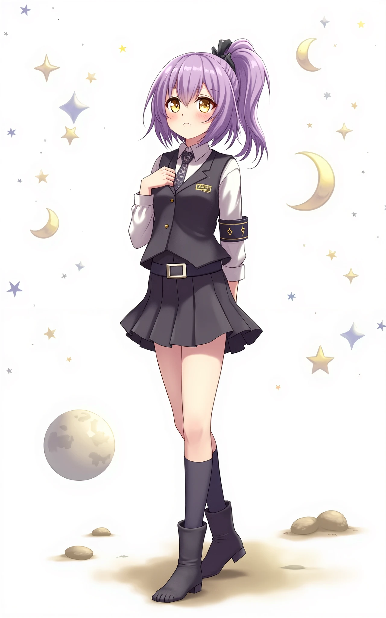 ((Work of art)))
a beautiful girl, medium length purple hair tied in a side ponytail, (((bright golden eyes))),((purple nails))), she wears a military uniform with a black skirt and an armband on her left arm, ( (on the moon with starry sky and the earth in space)), standing, barefoot, pained smile, (((perfect hands))), (((perfect fingers))), ultra quality, medium breasts,