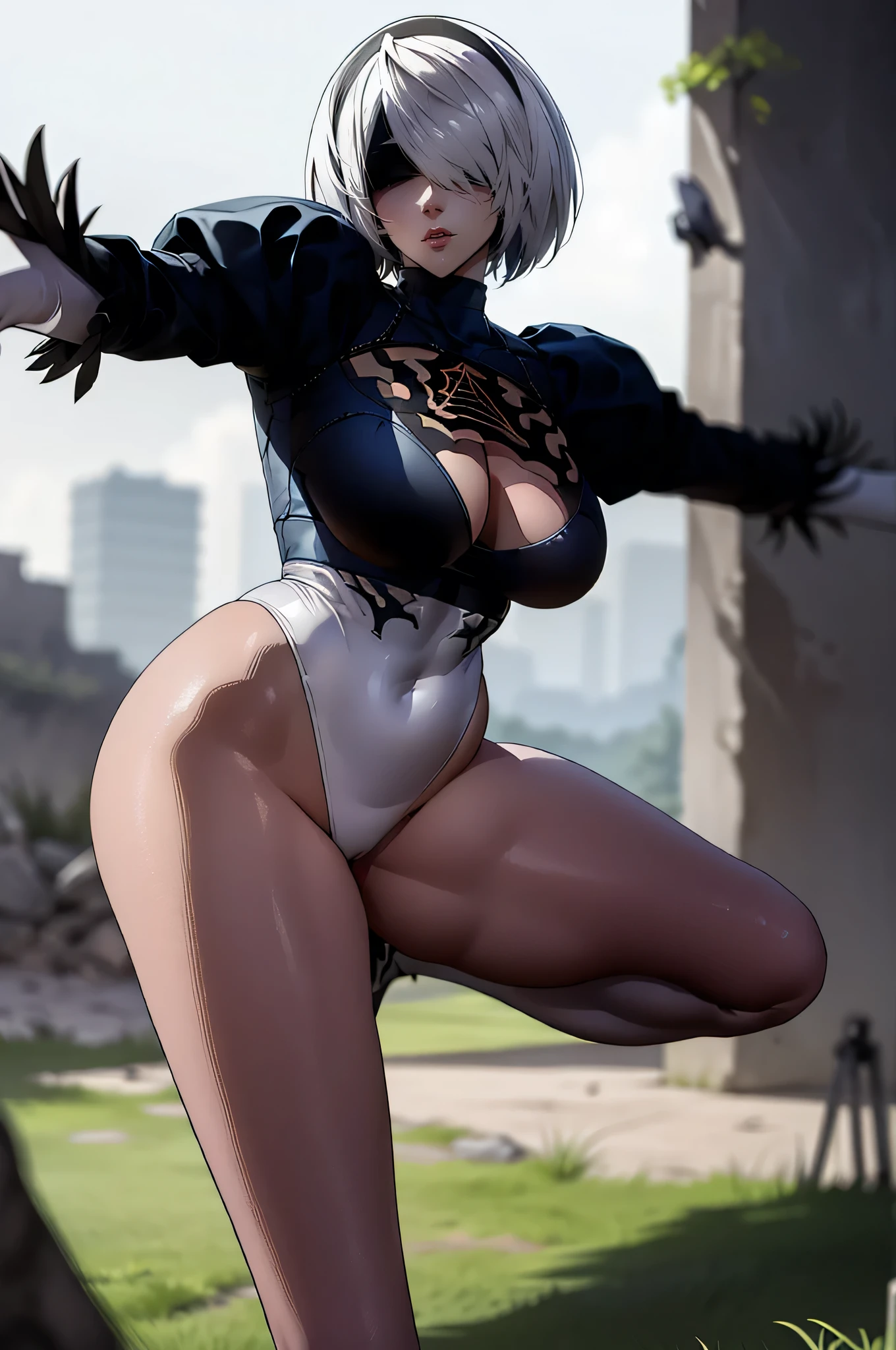 In the middle of the battle,Nier Automata,2b,nier,(((Alone,)))The sight of fighting robots,Masterpiece,Movie Proof,(Beautiful face,Beautiful body,Beautiful hands,Beautiful legs,Beautiful human body)whole body,Model body type,Big Breasts,Oilskin,