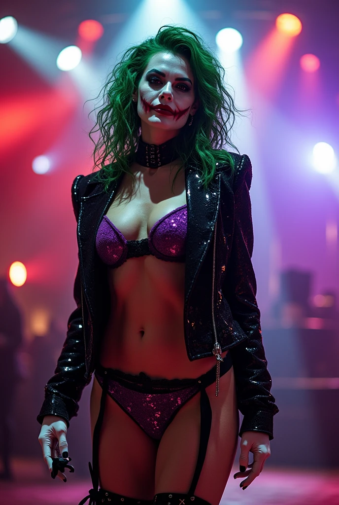 {
  "prompt": "A fusion of the iconic female Joker from DC Comics with a seductive, feminine twist on Michael Jackson's style, posing confidently in a glamorous stage setting. She has pale white skin and wild, vibrant green hair styled in messy, chaotic curls. Her makeup is heavy and smeared, inspired by Heath Ledger’s Joker, with dark, hollow eyes surrounded by smudged black makeup and a blood-red, twisted smile that extends unevenly beyond the corners of her mouth. She wears a form-fitting, black sequined jacket with a plunging neckline, reminiscent of Michael Jackson’s iconic style, over a revealing purple bikini top and matching high-waisted mini skirt. The outfit is completed with shiny black ankle boots and white gloves, adding a pop-star flair. She stands on a dramatic stage with dazzling spotlights, a mix of edgy theatrical elements, and glamorous decor. Her pose is both alluring and commanding, with one hand striking a pose while the other playfully adjusts her green hair. Her gaze combines a mix of madness, seduction, and charisma, creating a striking and unforgettable fusion of chaotic elegance and classic pop-star allure.",
  "size": "1024x1792"
}
