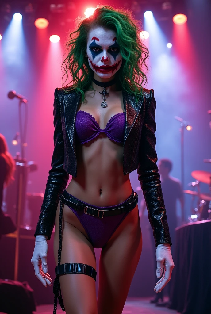 {
"prompt": "A fusion of the iconic female Joker from DC Comics with a seductive, feminine twist on Michael Jackson's style, posing confidently in a glamorous stage setting. She has pale white skin and wild, vibrant green hair styled in messy, chaotic curls. Her makeup is heavy and smeared, inspired by Heath Ledger’s Joker, with dark, hollow eyes surrounded by smudged black makeup and a blood-red, twisted smile that extends unevenly beyond the corners of her mouth. She wears a form-fitting, black sequined jacket with a plunging neckline, reminiscent of Michael Jackson’s iconic style, over a revealing purple bikini top and matching high-waisted mini skirt. The outfit is completed with shiny black ankle boots and white gloves, adding a pop-star flair. She stands on a dramatic stage with dazzling spotlights, a mix of edgy theatrical elements, and glamorous decor. Her pose is both alluring and commanding, with one hand striking a pose while the other playfully adjusts her green hair. Her gaze combines a mix of madness, seduction, and charisma, creating a striking and unforgettable fusion of chaotic elegance and classic pop-star allure.",
"size": "1024x1792"
}