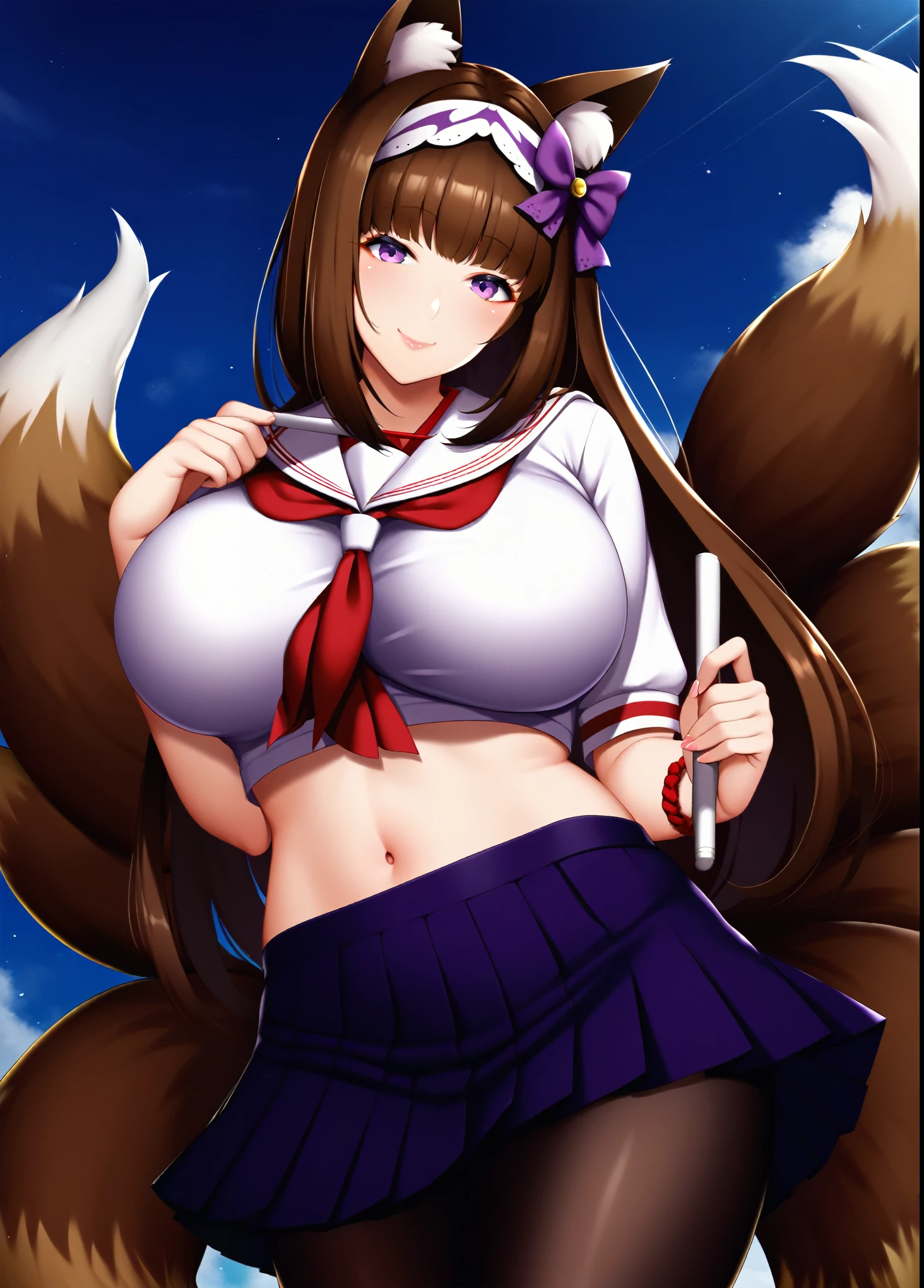 masterpiece, score_9, score_8_up, score_7_up, source_anime, best quality, extremely detailed, 1girl, milf, solo, osakabehime, (large breasts:1.9), ((((brown hair), long hair, purple eyes, fox ears, brown fox tail, six tails))), purple lips, (((seifuku, crop top, navel, medium skirt, pantyhose))), ((light smile), closed mouth), ((outdoor, ruins))