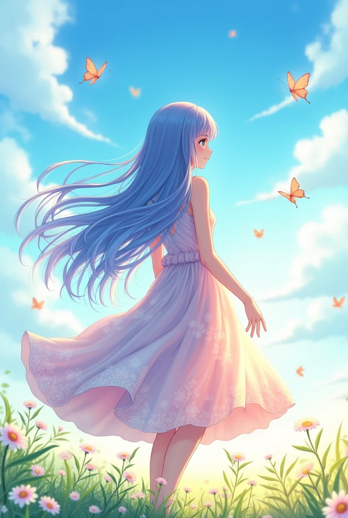 Create an anime girl with her back to the viewer.